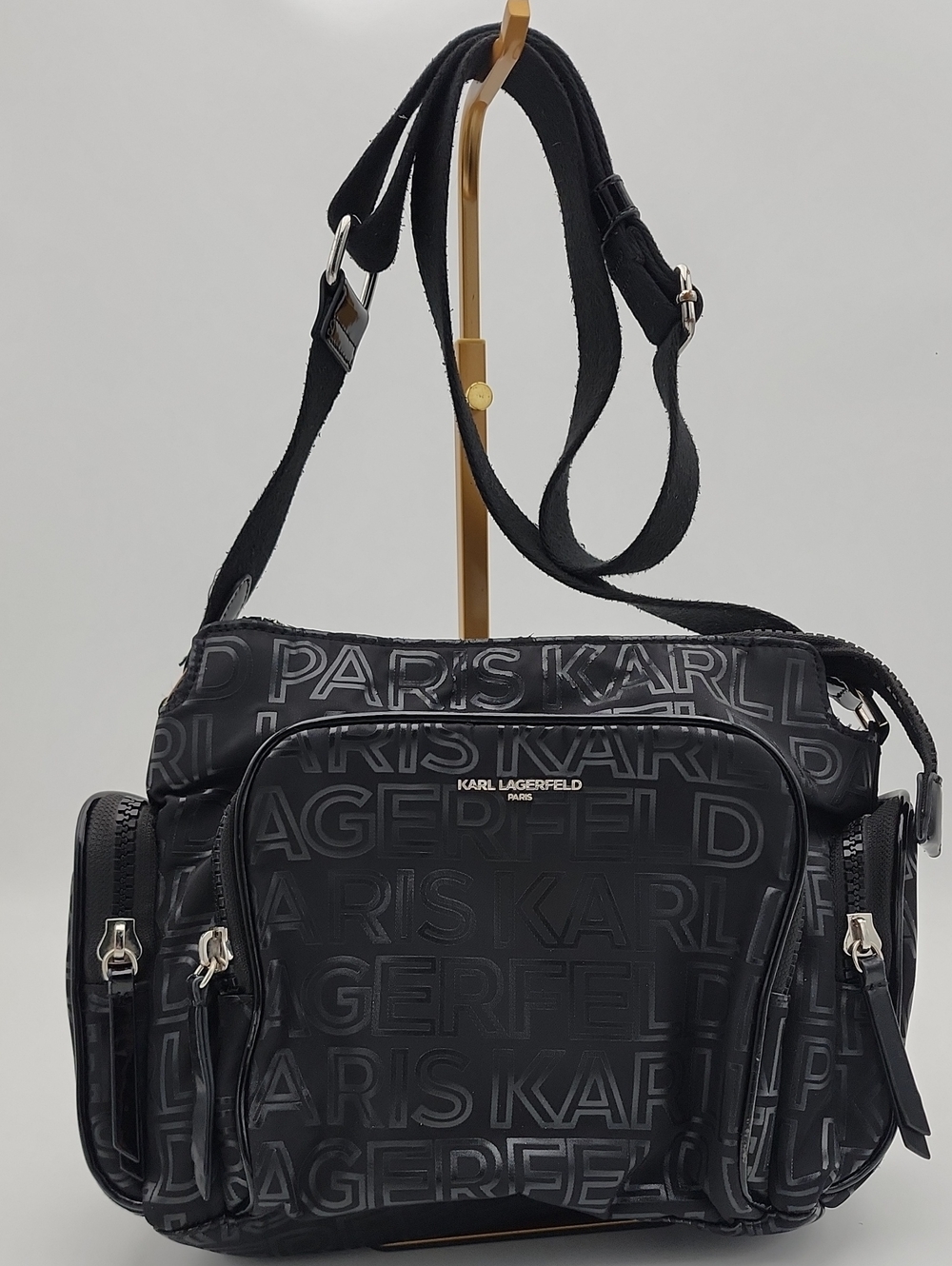 Karl Lagerfeld Black Embossed Logo Multi-Pocket Shoulder Bag